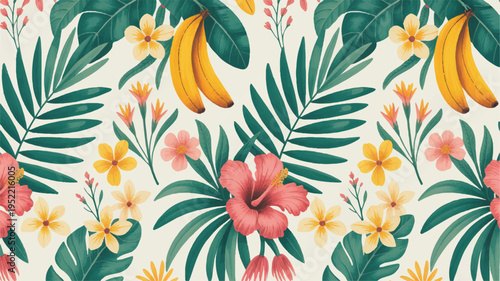 Tropical floral pattern with green leaves pink hibiscus flowers and bananas on cream background