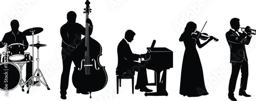 Silhouettes of five musicians performing with drum set, double bass, grand piano, violin, and trumpet representing live music, orchestra, jazz, and artistic collaboration