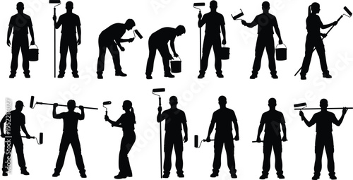 Silhouettes of fourteen painters holding paint rollers and buckets in various poses representing teamwork, painting process, renovation, construction, and artistic labor actions