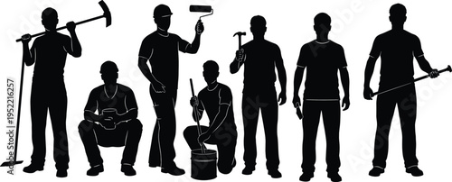 Silhouettes of diverse construction workers holding tools including broom, pickaxe, hammer, paint roller, paintbrush, bucket, and crowbar representing teamwork, labor, industry,  