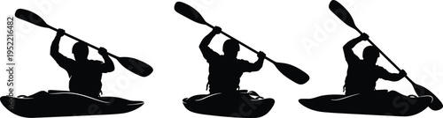 Dynamic silhouette sequence of kayaking athlete paddling with double‑bladed paddle, water sports motion illustration showing kayaker strokes and outdoor recreation activity on white background