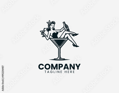 Vintage pin up woman sitting inside cocktail glass in retro black vector illustration style
