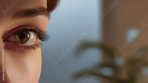 Close-up image of a human eye with detailed eyelashes, brows, and skin texture, set against a blurred background with soft lighting.