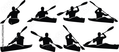 Collection of eight dynamic kayaking silhouettes showing athletes paddling with double‑bladed paddles, water sports motion illustration highlighting outdoor recreation, fitness lifestyle, and boating 