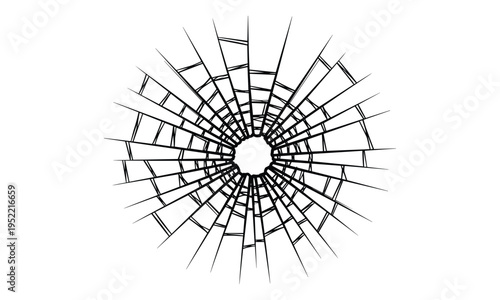 Broken glass crack pattern, shattered window effect, radial fracture texture, impact burst design, abstract damage background, cad drawing flat vector illustration