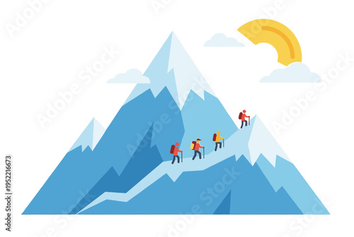 Clean flat vector artwork of a team of four hikers in red jackets ascending a snowy Mount Everest path, with a unique stylized crescent sun in the cloud-filled sky.