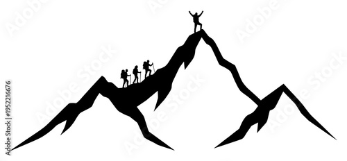 High-quality black vector silhouette of a team of four mountaineers conquering a sharp ridge and celebrating triumph on the summit of Mount Everest with raised arms.