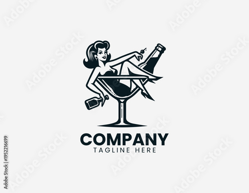 Vintage pin up woman sitting inside cocktail glass in retro black vector illustration style
