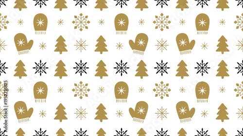 winter holiday seamless pattern with mittens trees and snowflakes on white background