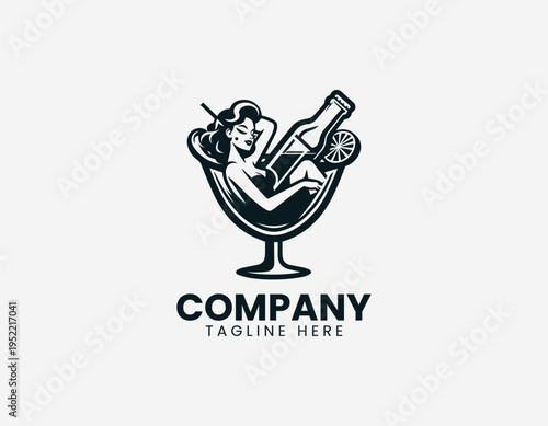 Vintage pin up woman sitting inside cocktail glass in retro black vector illustration style