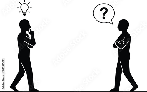 Thinking and questioning people silhouette, idea generation and confusion concept, problem solving, communication discussion, decision making, brainstorming, human psychology illustration
