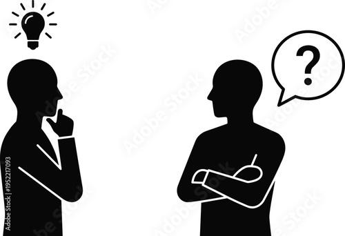 Thinking and questioning people silhouette, idea and confusion concept, problem solving, communication discussion, decision making, human psychology, brainstorming and inquiry illustration