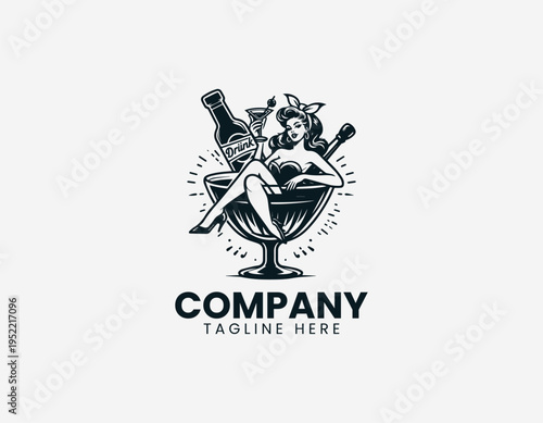 Vintage pin up woman sitting inside cocktail glass in retro black vector illustration style