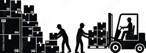 Warehouse logistics workers stacking boxes and operating forklift, cargo handling, supply chain distribution, shipping industry, storage management concept illustration