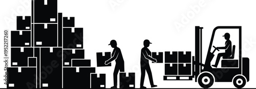 Warehouse workers loading boxes with forklift, logistics and supply chain concept, cargo handling, shipping operations, industrial distribution, storage management, delivery workflow illustration