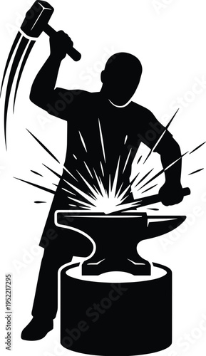 Silhouette blacksmith forging hot metal on anvil with hammer, sparks flying, industrial craftsmanship workshop scene, traditional steel shaping and manual labor