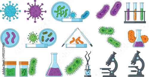 Microbiology Laboratory Collection with Bacteria, Viruses, Microscopes, Test Tubes, and Scientific Research Elements Vector Illustration Set