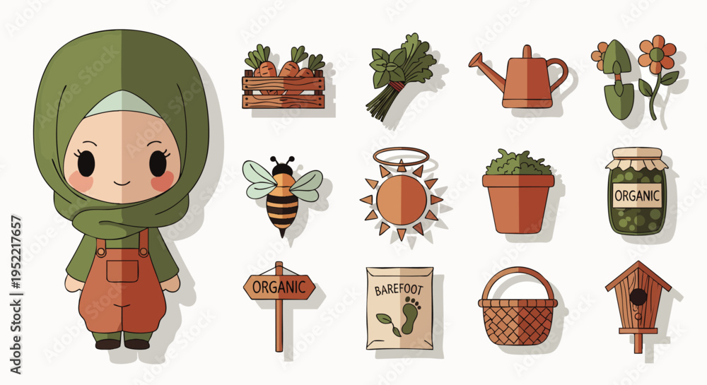 Fototapeta premium Adorable cartoon girl in hijab, dressed as a gardener, with a collection of organic farming and nature-themed icons. Cute vector illustration.