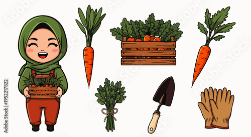 Cute cartoon Muslim girl in hijab with fresh carrots and gardening tools. Vector illustration set for healthy eating, farming, and nature.
