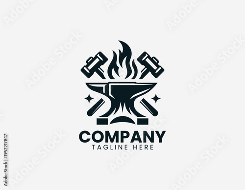 Blacksmith anvil with crossed hammers and flame black vector logo illustration isolated on white background