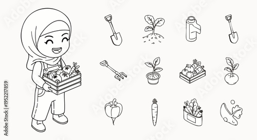 Cute cartoon Muslim girl in hijab holding a crate of fresh vegetables, with various gardening tools and plants. Line art illustration for kids.