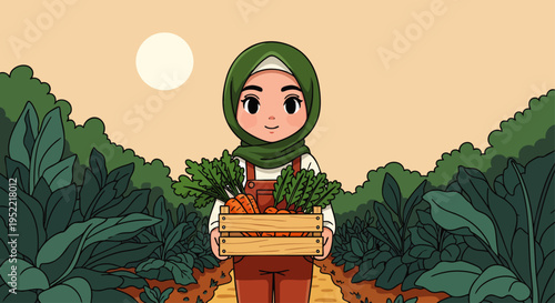 Smiling young Muslim woman in hijab and overalls, holding a wooden crate of fresh organic vegetables from her farm, illustrating sustainable agriculture.