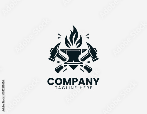 Blacksmith anvil with crossed hammers and flame black vector logo illustration isolated on white background