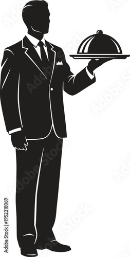 Waiter serving food cloche silhouette
