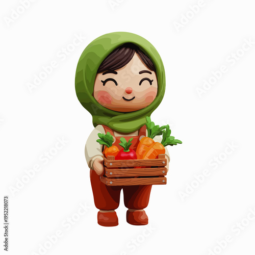 Happy cartoon girl in green hijab holding a crate of fresh organic vegetables, smiling sweetly, representing healthy eating, gardening, and sustainable lifestyle.