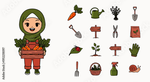 Muslim woman in hijab and overalls holds carrots, surrounded by gardening tools and farm icons: shovel, watering can, seeds, plants. Agriculture, organic.