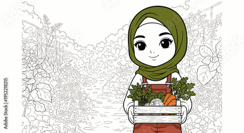 Smiling Muslim girl in hijab holding a crate of fresh organic vegetables from her garden, promoting healthy eating, sustainable farming, and diverse children's lifestyle.