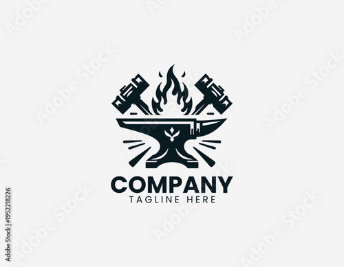 Blacksmith anvil with crossed hammers and flame black vector logo illustration isolated on white background