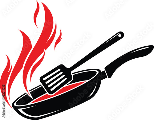 Frying pan with flames and spatula with stir fry
