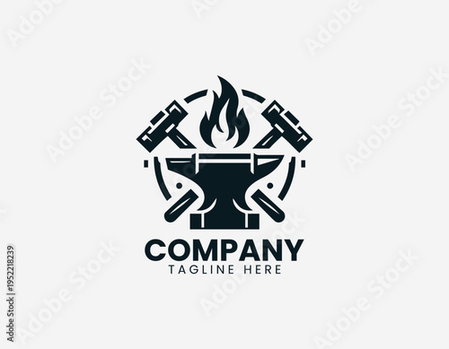 Blacksmith anvil with crossed hammers and flame black vector logo illustration isolated on white background
