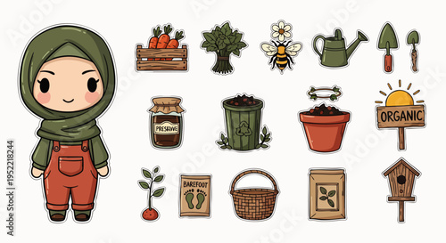 Cute cartoon Muslim woman gardener in hijab and overalls, surrounded by gardening tools, organic produce, plants, seeds, and nature elements, for spring and sustainable living.