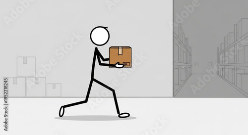 Stick figure carrying a cardboard box package delivery.