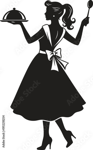 Retro woman silhouette serving food