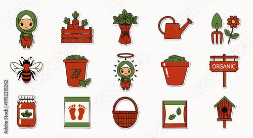 Cute organic gardening icons set featuring cartoon characters, plants, tools, and nature elements for spring, healthy lifestyle, and sustainable living designs.