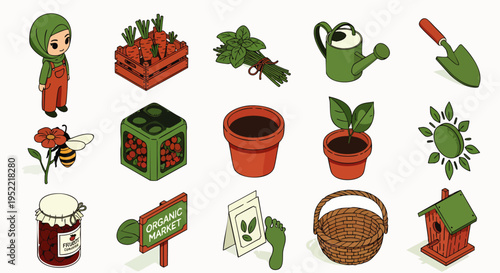 Isometric vector illustration set for organic gardening and sustainable farming, featuring a gardener, fresh produce, tools, plants, and eco-friendly nature icons.