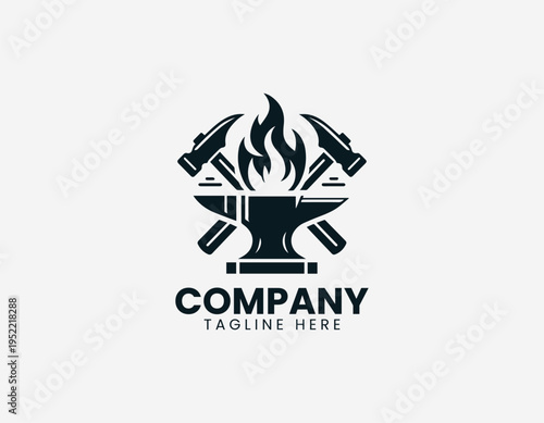 Blacksmith anvil with crossed hammers and flame black vector logo illustration isolated on white background
