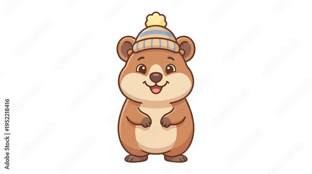 Naklejka premium Cute fluffy cartoon quokka wearing a knitted winter hat, adorable marsupial character illustration