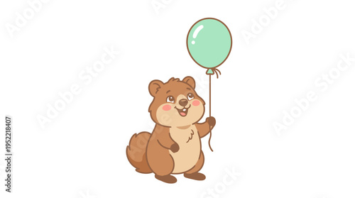 Joyful cartoon quokka character cheerfully holding a bright green balloon, radiating happiness and celebration for delightful children's designs and playful graphics
