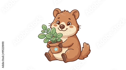 Adorable cartoon quokka character holding a potted plant, perfect for nature and eco-friendly themes