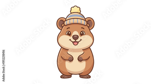 Cute fluffy cartoon quokka wearing a knitted winter hat, adorable marsupial character illustration