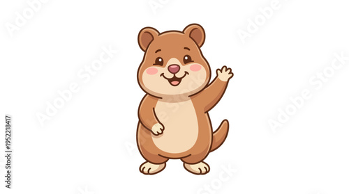 Cute cartoon brown quokka waving hello with a friendly smile, standing on a white background