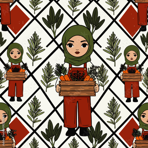 Seamless pattern illustration of a Muslim woman in hijab and overalls, holding a crate of fresh carrots. Gardening, healthy food, sustainable living.