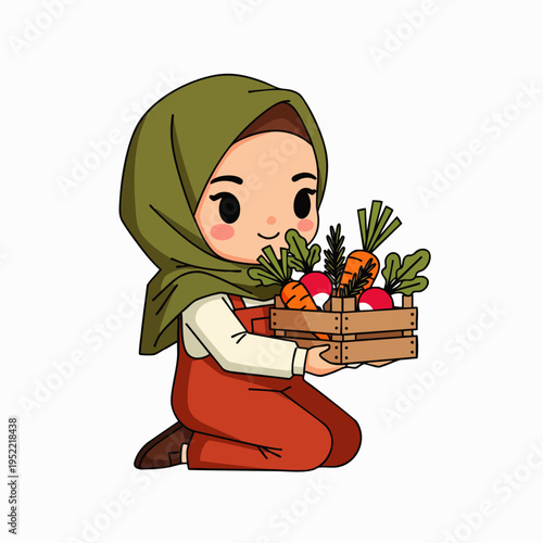 Cute Muslim girl in hijab and overalls holding a wooden crate of fresh organic vegetables, isolated cartoon illustration of a young farmer harvesting healthy food.