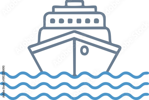  Minimal line icon of a large cruise ship on water waves, marine transport icon,
