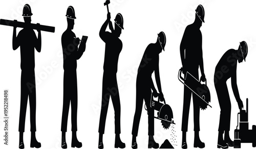 Silhouette set of construction workers using tools, industrial labor team at work, builder, engineer and technician with equipment isolated on white background