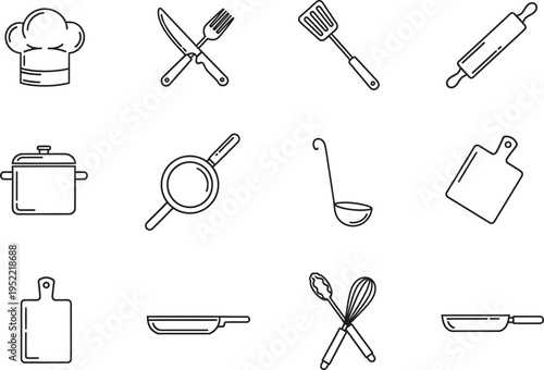 Cooking utensils and chef hat icons set with rolling pin